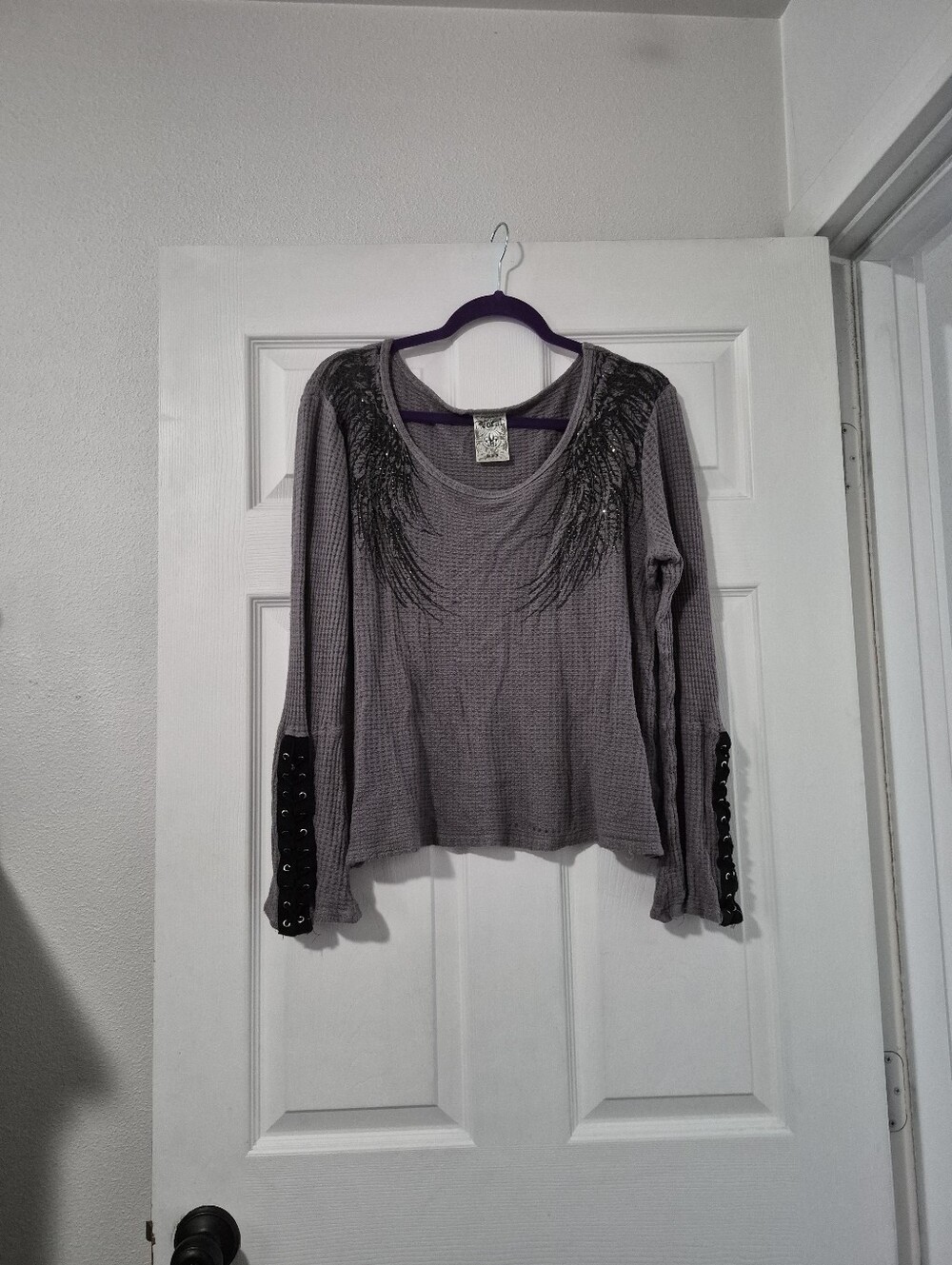 Vocal Gray Waffle Knit Long Sleeve Top with Embellished Shoulders